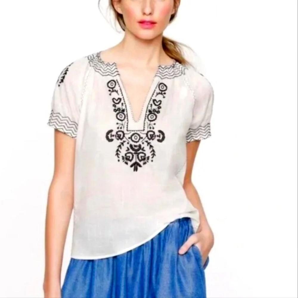 J. Crew Top Airy White Cotton Embroidered Short Puff Sleeve Gauze Boho Blouse 10